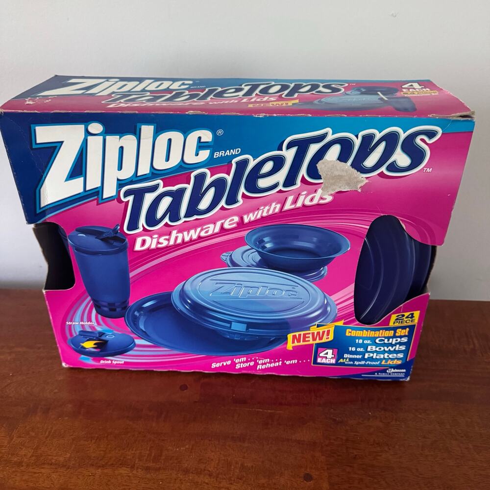 Vintage 2001 Ziploc TableTops 24 Pc Dishware Set Cups Bowls Plates Lids NOS